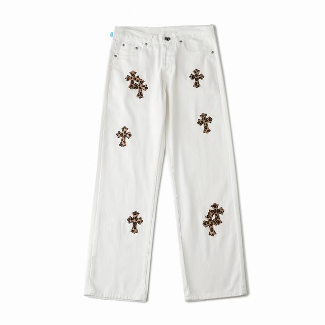chrome Hearts Mattyboy涂鸦彩绘豹纹马毛十字架牛仔裤 意产特种牛皮印花再切割 订制羊皮三层粗线帖皮 整体拼接在重水水洗工艺 匠人手工泼墨 细
