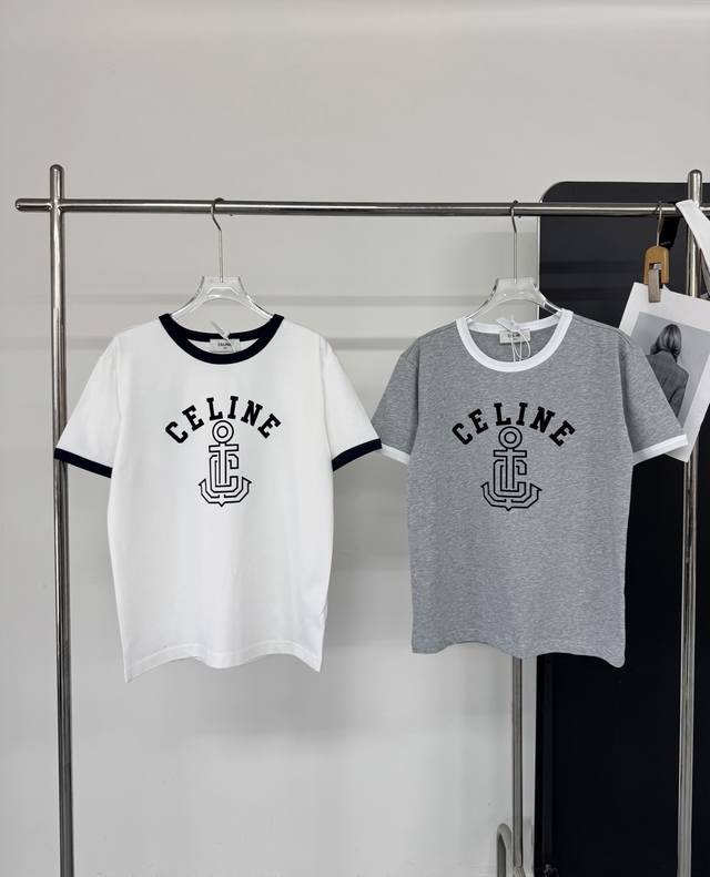 Celin*E 赛*琳 新款植绒船锚标识字母印花短袖T恤 撞色设计 颜色十分清爽 好天气的夏日午后就是要穿法式Ce 休闲雅致运动风 胸前植绒船锚印花简约精致 纯