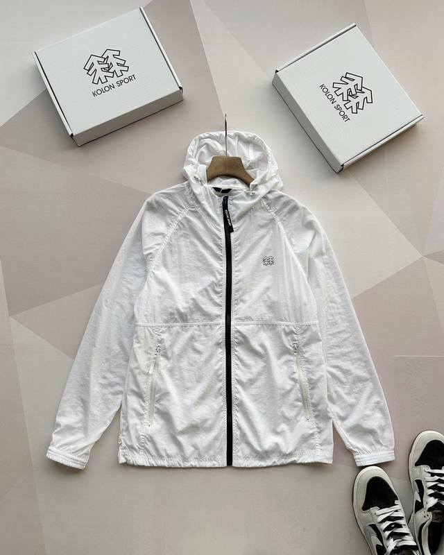 配盒装-原版复刻-Kolon Sport 可隆 韩国专柜款品质好货两色防风防水防晒速干吸汗户外连帽拉链轻量弹力皮肤衣 外套 防水防风速干防晒夹克 男女同款Upf