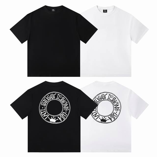 Stussy斯图西 背后圆形英文印花 夏季新款高品质宽松圆领短袖T恤 男女情侣款 面料 重磅纯棉300G双纱精梳紧密赛络纺 工艺 Os宽松版型偏大 重磅质感精梳