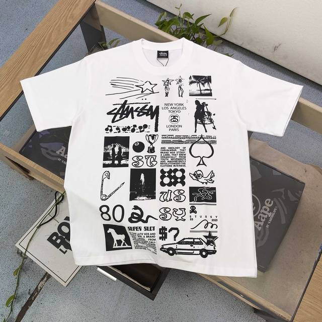 款号 Xbnb074 高版本 2025新款Stussy斯图西满印图案Logo字母印花休闲情侣宽松短袖T恤 经典永远不会过时 人手必备款 260G纯棉精梳棉不起球