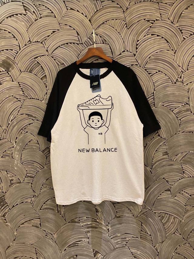 new Balance 纯棉双纱高克重直筒印花撞色插肩袖T恤短袖情侣款 color: 黑拼白 Size: M-Xl m 胸围110 衣长72 Cm l 胸围11
