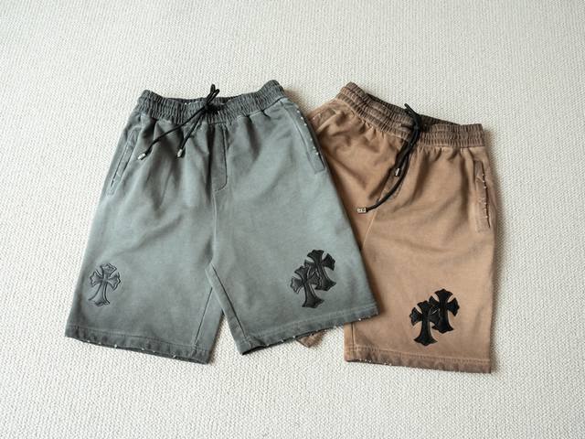 Chrome Hearts 克罗心 25S S 做旧破洞皮标马蹄棉质短裤五分裤 货号 3507 - 颜色 水洗灰 水洗卡其 - 尺码 M L Xl Xxl 尺寸