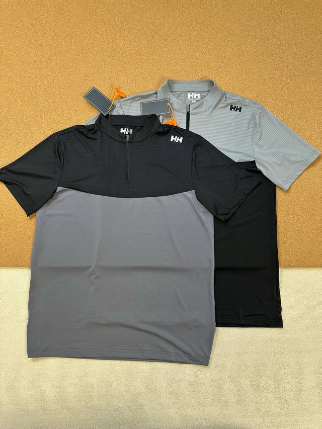 helly Hansen 海丽汉森 男士速干冰丝高弹拼色户外运动半拉链短袖T恤 颜色 黑色 深灰 尺码 M-3Xl 全身重工四针六线工艺+3D裁剪拼接工艺 肩膀