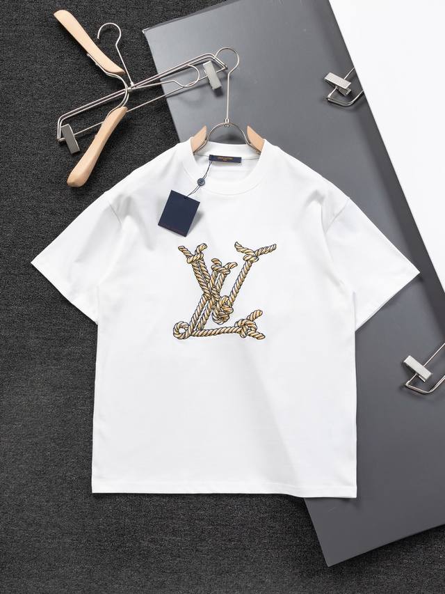 顶级最高版本 Lv路易威登Louis Vuitton 驴家1V 经典重工刺绣绳子图案字母半袖T恤短袖 男女同款 情侣款 宽松版型 最高版本 原版面料 高版本 高