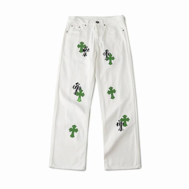 chrome Hearts Ch克罗心 24Ss 英伦限定 白拼苹果绿贴皮拼斑马牛仔裤- 克罗心2025新款限定白拼绿斑马十字架贴皮情侣款水洗牛仔裤 顶级天花板