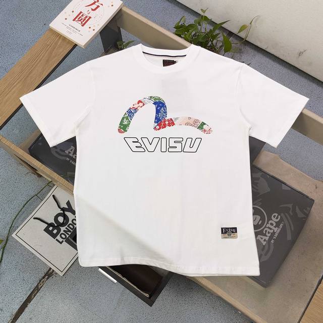 款号 Ws2489 高版本 2025新款Evisu福神大海鸥图案字母Logo印花休闲情侣圆领短袖T恤 经典永远不会过时 人手必备款 250G双纱纯棉不起球不起毛