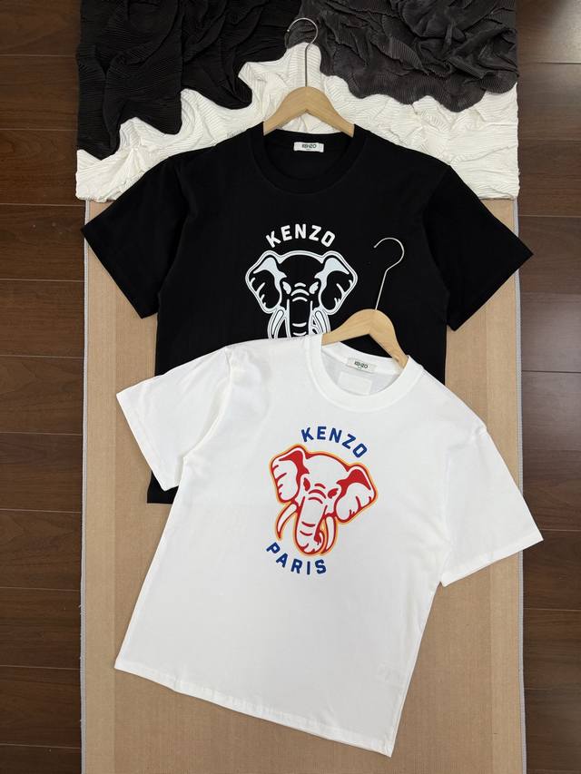 kenzo 高田贤三 孙千同款大象印花Logo 休闲情侣圆领短袖T恤 -面料采用260G双纱面料 达到透而不露的黄金平衡点 完美规避透视尴尬 成衣尺寸稳定 多次