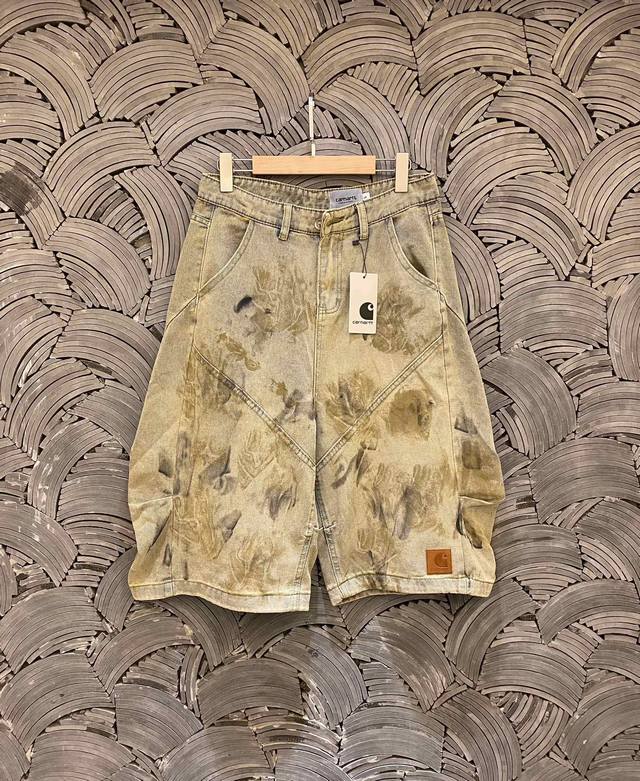 carhartt卡哈特 重磅废土风皮标做旧复古高街直筒垂感牛仔七分裤短裤情侣款 color: 复古色 Size: M-Xl m 腰围72 臀围114 裤长66