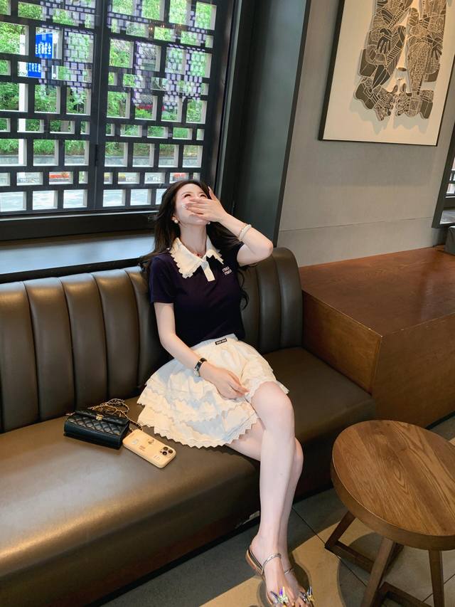 短袖 裙子 miumiu缪缪字母刺绣撞色蕾丝花边polo翻领短袖 蕾丝边蓬蓬蛋糕裙 款号 25670505327 颜色 图片色 尺码 Sml s码80-95斤