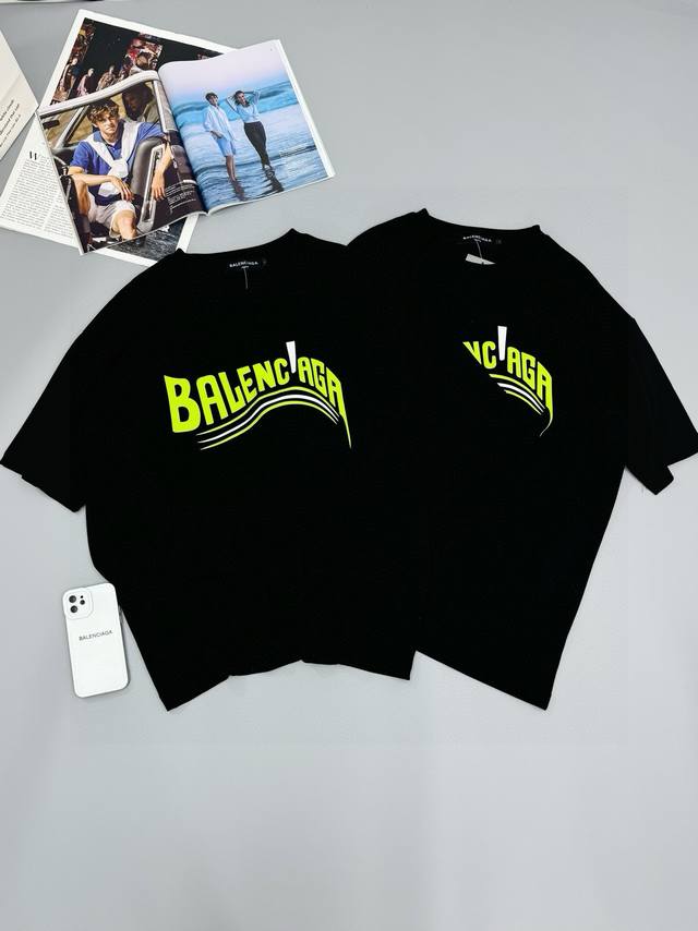 Balenciaga 巴黎世家绿色可乐海浪Logo发泡印花休闲短袖T恤 定制260克全棉双纱紧密爽滑面料 绿色印花超级清新 撞色立体 布面干净 布纹清晰 手感非