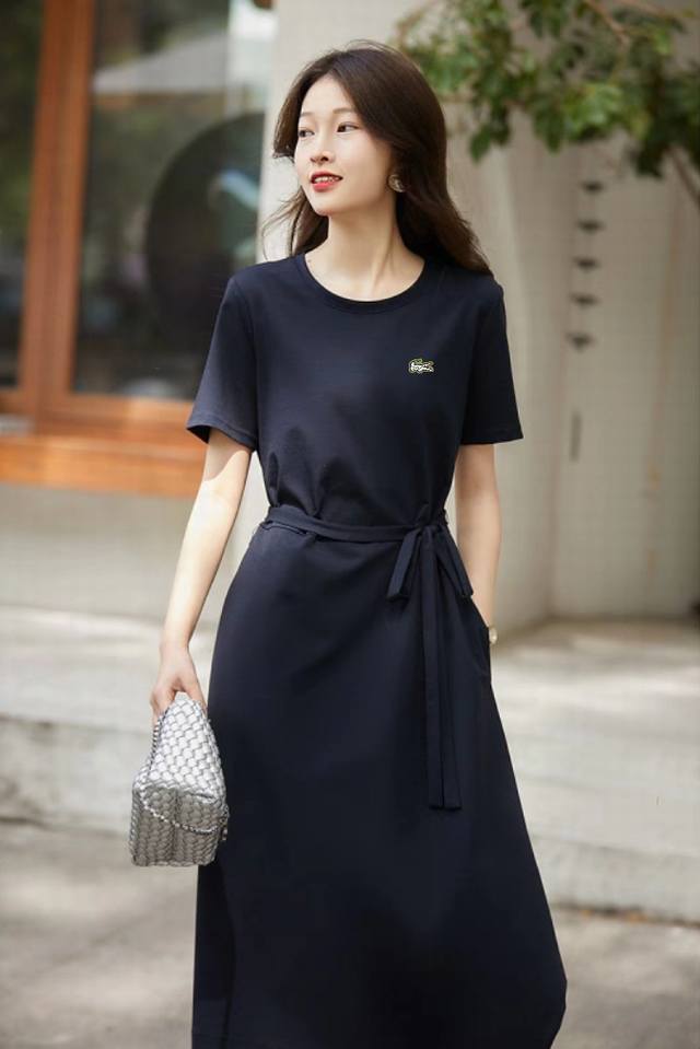 高品质 lacoste 法国白鳄鱼 轻都市简约高腰系带舒适棉麻高端设计短袖连衣裙 棉80%麻20% 时尚简约大气修身百搭纯色棉麻连衣裙 或许你说你很爱美美的裙子