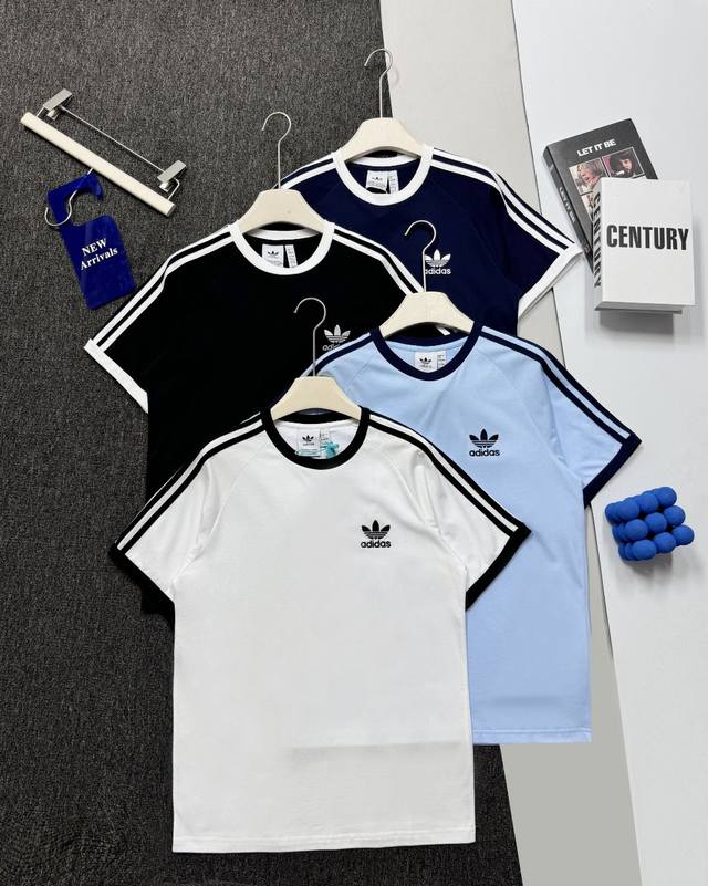 实拍细节图 adidas阿迪达斯2025年夏季新款情侣款三条杠织带条设计三叶草小三叶经典刺绣Logo短袖T恤 原版复刻 顶级品质 全套辅料 货号 Jn7018短