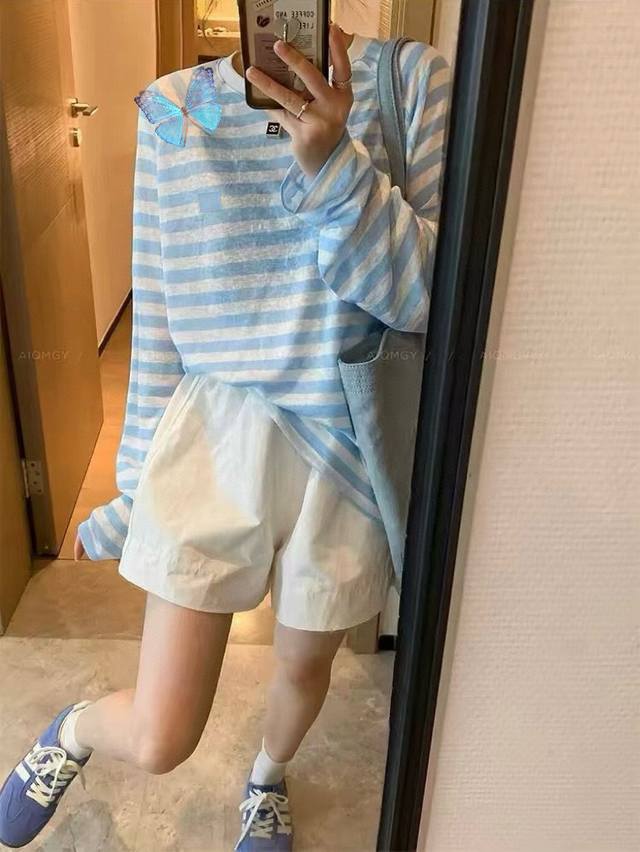 acne Studios 笑脸刺绣条纹圆领长袖T恤松紧腰短裤套装 款号 25671805677 颜色 粉色 黄色 蓝色 尺码 均码 80-125斤