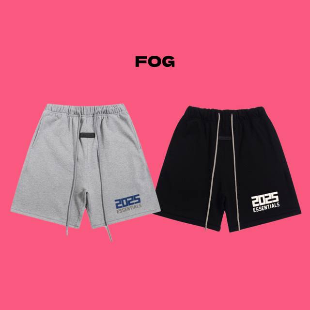 fear Of God Fog Essentials 复线 2025 限定款字母印花抽绳毛圈休闲短裤 color 黑色 灰色 size S M L Xl num