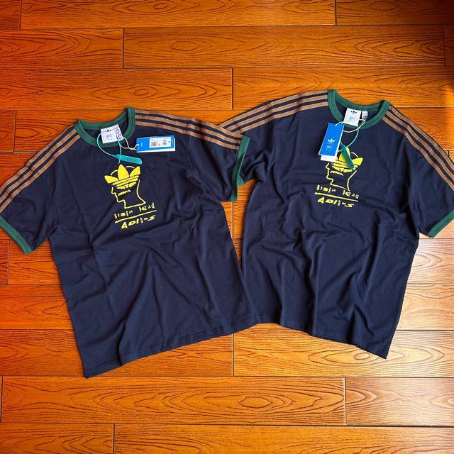 adidas Originals X Brain Dead 三叶草脑死亡联名款 Ss25 植绒图案 绣花 Logo字母三条纹短袖T恤 海军蓝色 首发毒原版购入