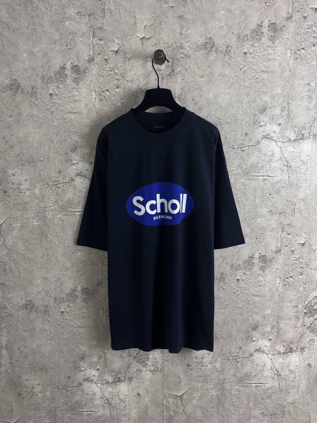 纯原臻品 原版复刻 balenciaga巴黎世家Blcg 25S S新品 藏青色Scholl联名 暗黑系撞色设计Logo印花 复古做旧高街情侣短袖T恤 男女同款