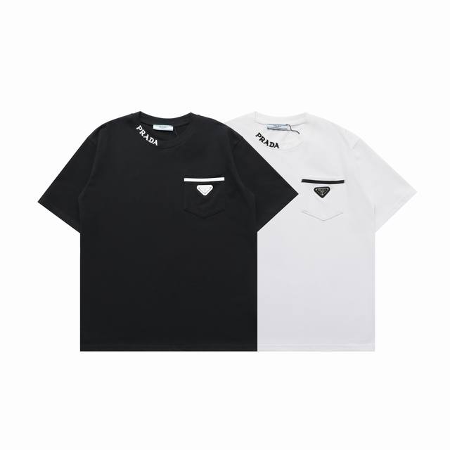 顶级复刻版本 prada 普拉达 新款领口字母刺绣三角标口袋Logo休闲圆领短袖T恤 面料: 280G重磅纯棉 随意对比 砖柜同步 第一时间正品开发研制 欢迎对