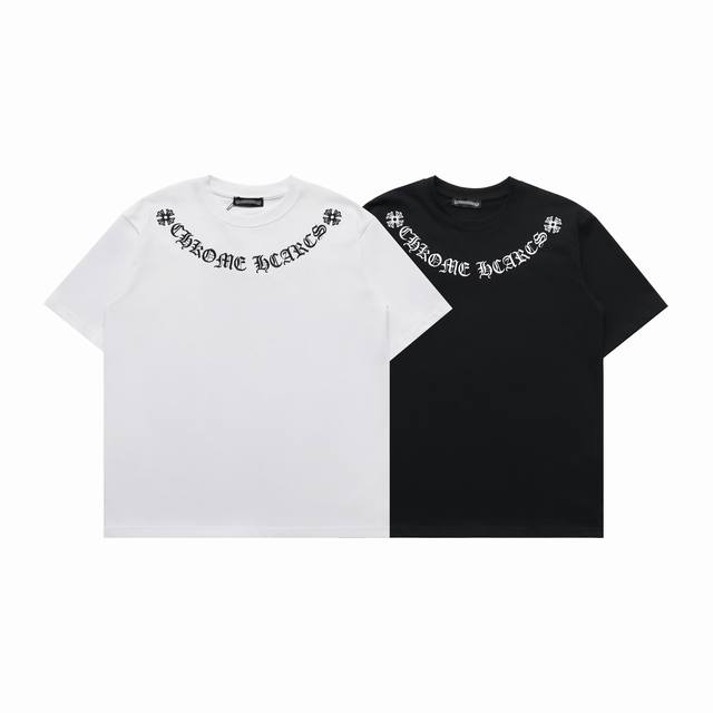 顶级复刻版本 chrome Hearts 克罗心 新款重工刺绣贴皮Logo休闲圆领短袖T恤 面料: 280克重磅纯棉 随意对比 全套新款辅料 男女同款均可驾驭