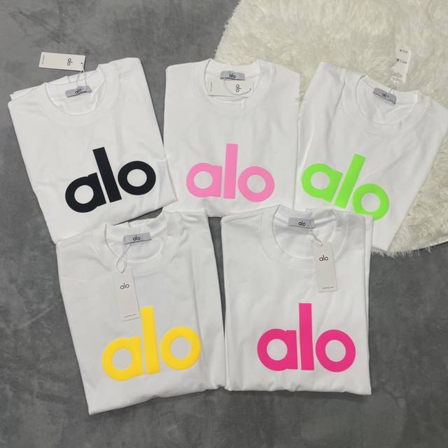 a02# 美国洛杉矶Alo25Ss胸口立体发泡印花男女同款宽松短袖T恤 颜色 白黑 白粉 白玫红 白黄 白绿 黑白 黑粉 黑玫红 黑黄 黑绿 码数 S M L