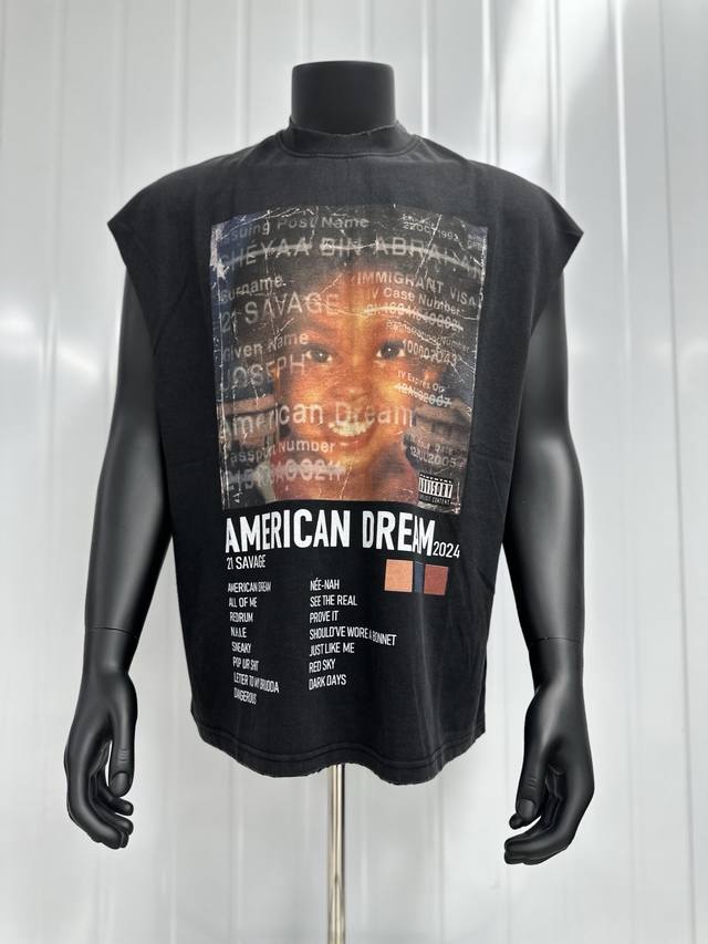 Vt038 21 Savage说唱歌手American Dream 2Lp 黑胶唱片限定人像搞怪印花复古水洗做旧无袖坎肩T恤 小领口设计 白墨数码直喷印花 手工