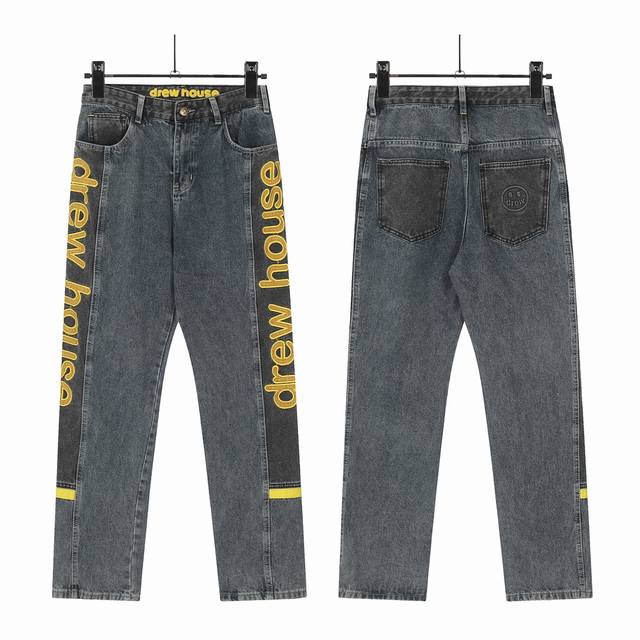 8082 日本限定 Drew House笑脸贾斯丁比伯同款黑蓝拼接刺绣字母牛仔裤直筒裤裤子阔腿裤 drew笑脸黑蓝拼接刺绣高阶风牛仔裤 复古黑蓝牛仔上加了些满印