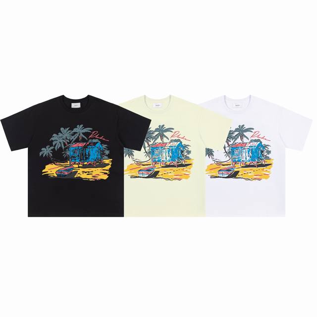 650# 后领细节还原 美式潮牌Rhude25Ss官网同步海滩边印花小众高街宽松男女休闲短袖T恤 颜色 黑色 白色 杏色 面料 26支280克潮牌双纱