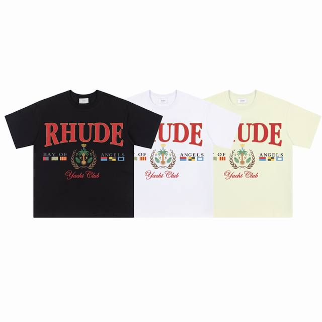 642# 后领细节还原 美式潮牌Rhude25Ss官网同步天使湾印花小众高街宽松男女休闲短袖T恤 颜色 黑色 白色 杏色 面料 26支280克潮牌双纱