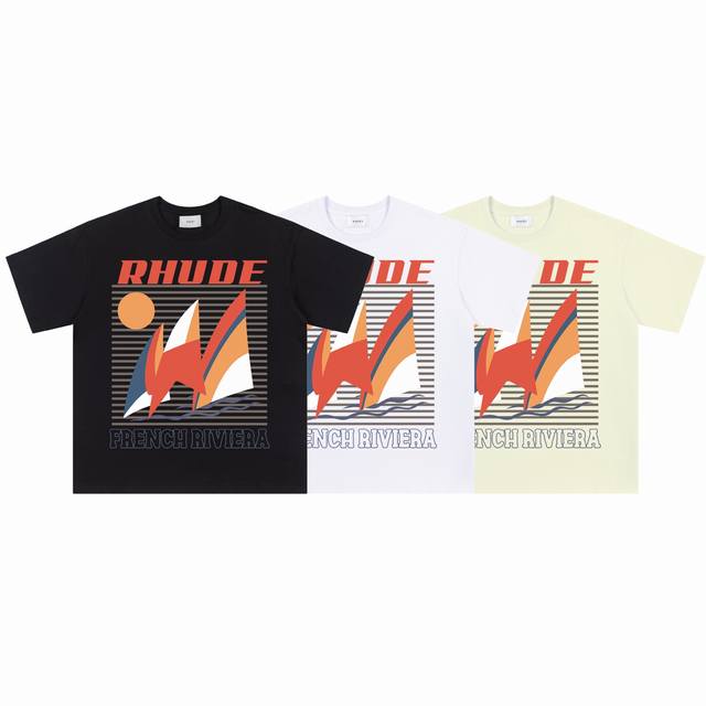 641# 后领细节还原 美式潮牌Rhude25Ss官网同步海报印花小众高街宽松男女休闲短袖T恤 颜色 黑色 白色 杏色 面料 26支280克潮牌双纱