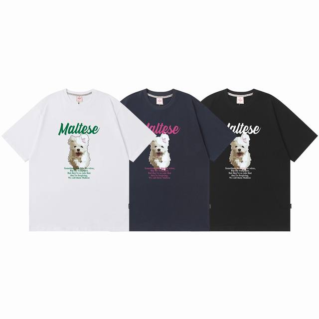 k015# Waikei韩国潮牌 马尔济斯犬奔跑图案短袖T恤 0码是修身款 1码2码是常规款 采用230克双纱柔棉 手感厚实舒适 高品质 原版定制面料 原厂品质