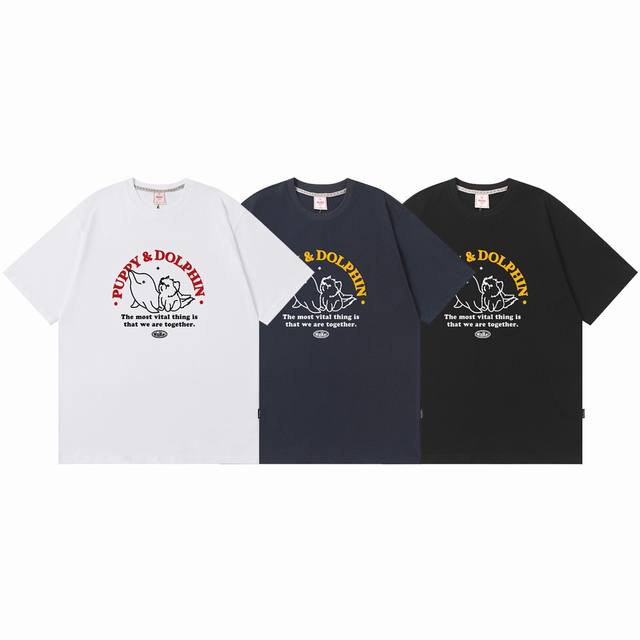 k017# Waikei韩国潮牌 马尔济斯犬海豚图案短袖T恤 0码是修身款 1码2码是常规款 采用230克双纱柔棉 手感厚实舒适 高品质 原版定制面料 原厂品质