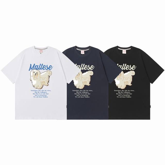 k016# Waikei韩国潮牌 马尔济斯犬图案短袖T恤 0码是修身款 1码2码是常规款 采用230克双纱柔棉 手感厚实舒适 高品质 原版定制面料 原厂品质 做