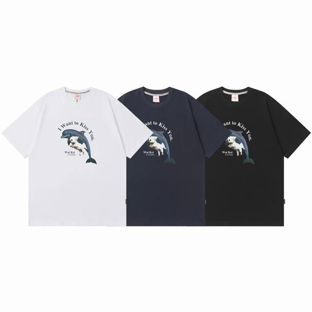 k014# Waikei韩国潮牌 马尔济斯犬海豚图案短袖T恤 0码是修身款 1码2码是常规款 采用230克双纱柔棉 手感厚实舒适 高品质 原版定制面料 原厂品质