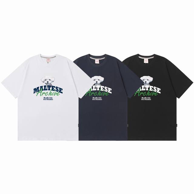 k012# Waikei韩国潮牌 马尔济斯狗狗图案短袖T恤 0码是修身款 1码2码是常规款 采用230克双纱柔棉 手感厚实舒适 高品质 原版定制面料 原厂品质