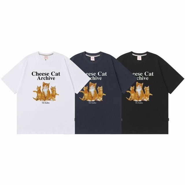 k004# Waikei韩国潮牌 橘猫图案短袖T恤 0码是修身款 1码2码是常规款 采用230克双纱柔棉 手感厚实舒适 高品质 原版定制面料 原厂品质 做工细节