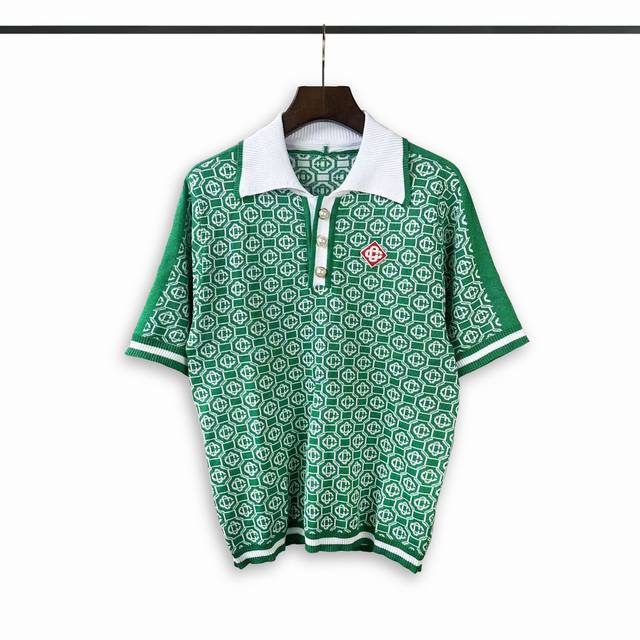 casablanca 24年春夏新款满印提花针织短袖珍珠扣polo衫 颜色 蓝 绿 码数:M L Xl Xxl