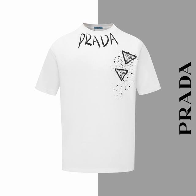 款号#Z77 普拉达字母多标三角印花圆领短袖 prada官网一致款式 面料 32支双纱280克纯棉面料 同缸同色织染螺纹 颜色一致 工艺 进口机器白墨直喷印花