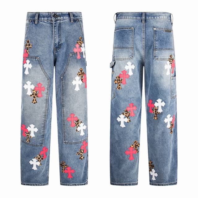 chrome Hearts 克罗心 Ch 克罗心蓝白多色拼皮泼墨牛仔美式工装长裤 全套五金开模 下摆手工流苏磨边破坏设计 拼白色真皮 然后在做贴布 真李维斯牛仔