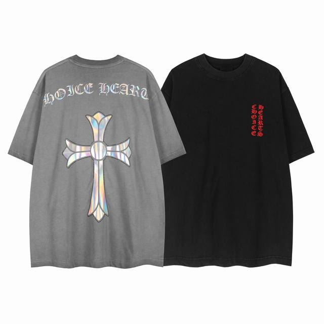 白底细节图 款号 7001-高端品质 25年最新款Choice Hearts硅胶烫钻镭射十字架做旧短袖T恤 面料 270G纯棉双纱 颜色 做旧黑 做旧灰 尺码