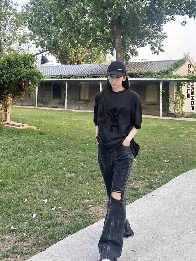 w128# we11Done官网刘令姿同款24Ss骷髅爱心渐变洗水印花男女同款短袖T恤 购入原版打版起样 对标原版面料 版型 细节 高克重320克双纱精梳棉面料