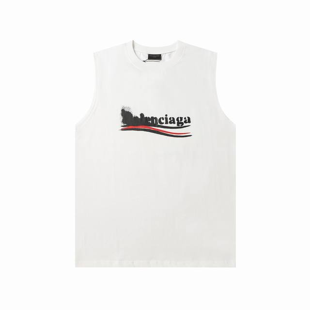 343款新款 balenciaga巴黎世家24夏季新品250克面料.300克双纱罗纹领.不变形.背心印有political Stencil字母标识进口白墨直喷印