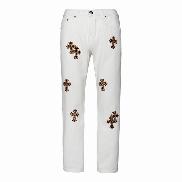 chrome Hearts 24Ss 白底拼豹纹拼皮高街牛仔裤- 克罗心里面颜色最能打的裤子啦啦啦 采用珠帆布面料 重工水洗使面料上身更有质感 裤型挺拔 整裤立