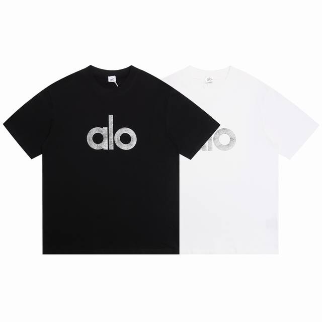 6921# alo简单字母银丝烫印设计夏季短袖面料270克100%双纱全棉 尺码S M L Xl