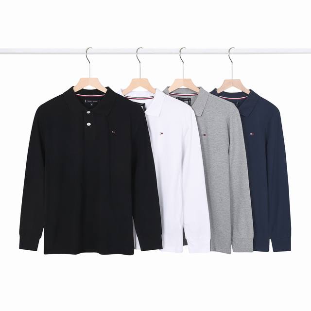 2651#汤米刺绣翻领长袖polo衫 颜色 黑色 白色 灰色 宝蓝 尺码 M-Xxl 面料 230G拉架珠地棉