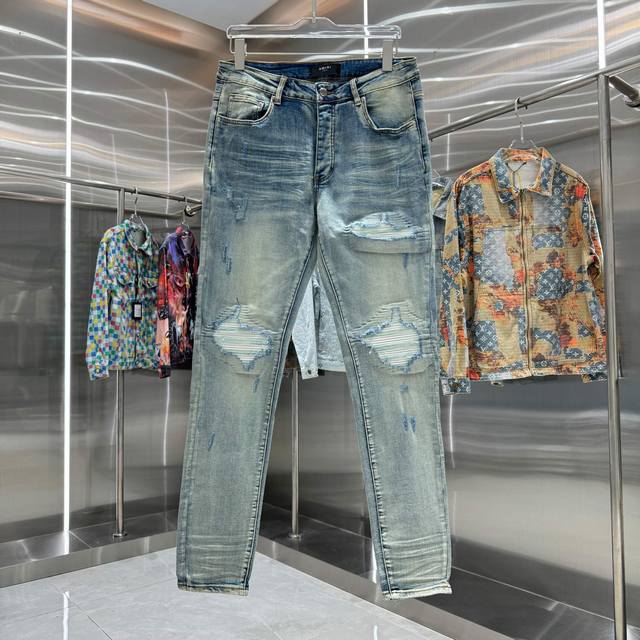 Amiri 破洞工艺街头潮流修身小脚弹力牛仔裤 颜色 蓝色 码数 30 32 34 36 38