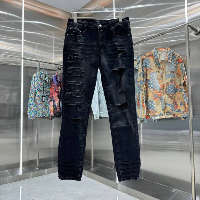 Amiri 破洞工艺街头潮流修身小脚弹力牛仔裤 颜色 黑色 码数 30 32 34 36 38