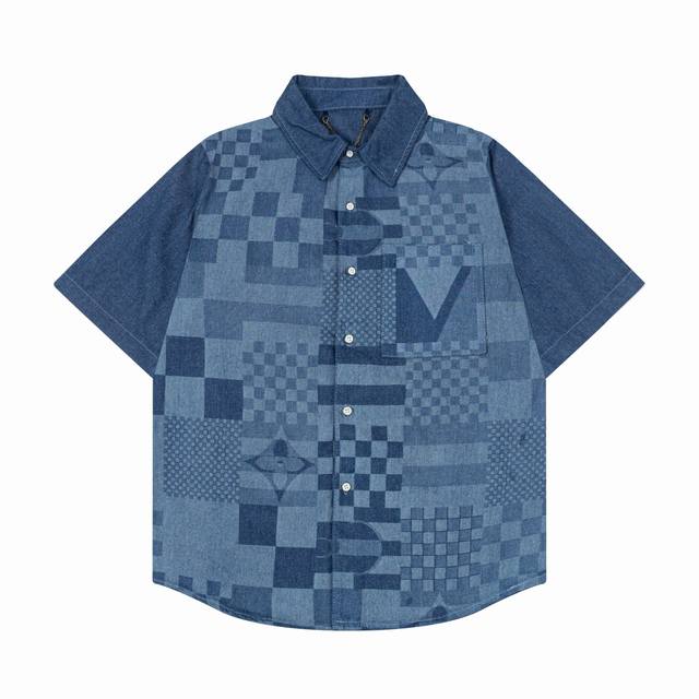 louis Vuitton 路易威登 几何拼接 25Ss暗纹满印提花棋盘格牛仔短袖衬衫 原版开发斜纹全棉提花丹宁牛仔材质 提花图型大小间距相同 图形宽窄一致 质