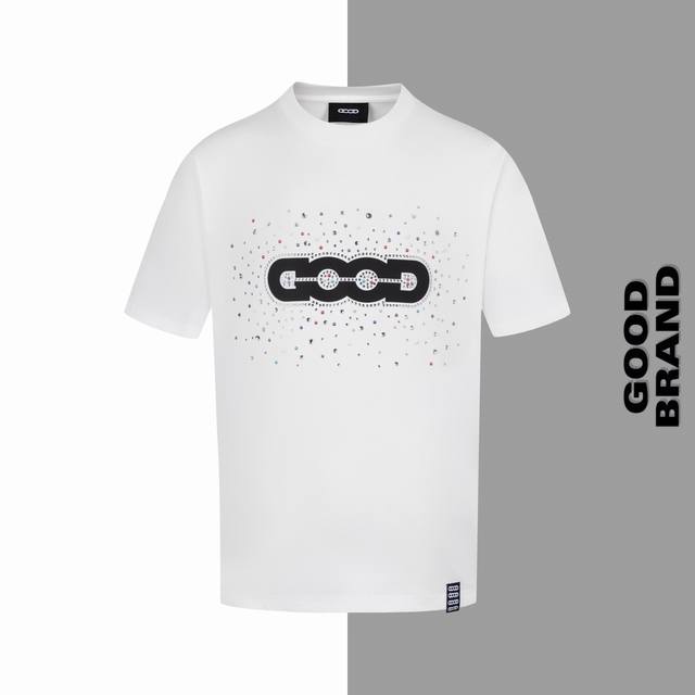 款号#Z158 good 满天星烫钻硅胶字母圆领短袖 goodbrand官网一致款式 面料 32支双纱290克纯棉面料 同缸同色织染螺纹 颜色一致 工艺 进口机
