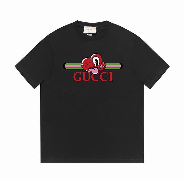 gucci古驰24Ss早春系列 G家卡通爱心几何条纹标识Logo -采用双纱纯棉250G 面料颜色定制定染 不缩水不退色 手感舒服 质感超强全套辅料.潮男潮女必