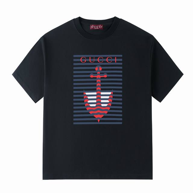 G家25夏日系列 Gucci船锚条纹图形Logo -采用双纱纯棉250G 短T 三标齐全 面料颜色定制定染 不缩水不退色 手感舒服 质感超强潮男潮女必备经典落肩